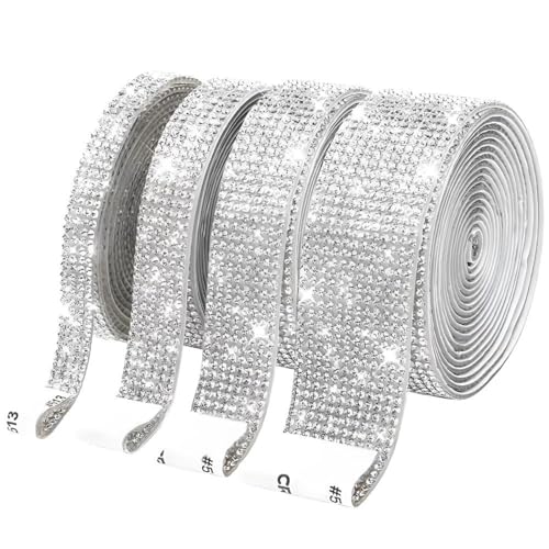 4 Rollen Selbstklebend Kristall Strassband, 4 Yards Glitzersteine Strasssteine Selbstklebend mit 2mm Strass für Auto Handwerks dekoration, Heim dekoration (Silber) von KELCIO