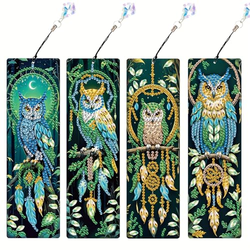 4 Stück Diamond Painting Lesezeichen Erwachsene Set mit Kristall-Anhänger, Bastelset für kindertagsgeschenke Mädchen (Eule) von KELCIO