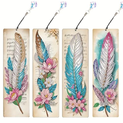 4 Stück Diamond Painting Lesezeichen Erwachsene Set mit Kristall-Anhänger, Bastelset für kindertagsgeschenke Mädchen (Feder-1) von KELCIO