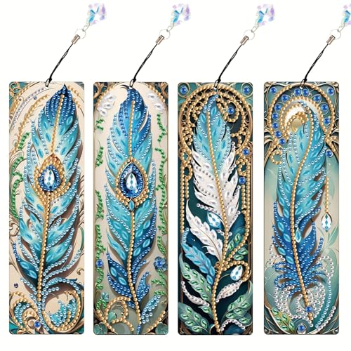 4 Stück Diamond Painting Lesezeichen Erwachsene Set mit Kristall-Anhänger, Bastelset für kindertagsgeschenke Mädchen (Feder-2) von KELCIO