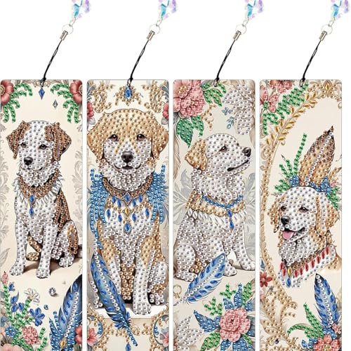 4 Stück Diamond Painting Lesezeichen Erwachsene Set mit Kristall-Anhänger, Bastelset für kindertagsgeschenke Mädchen (Hund) von KELCIO