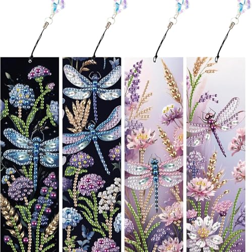 4 Stück Diamond Painting Lesezeichen Erwachsene Set mit Kristall-Anhänger, Bastelset für kindertagsgeschenke Mädchen (Libelle) von KELCIO