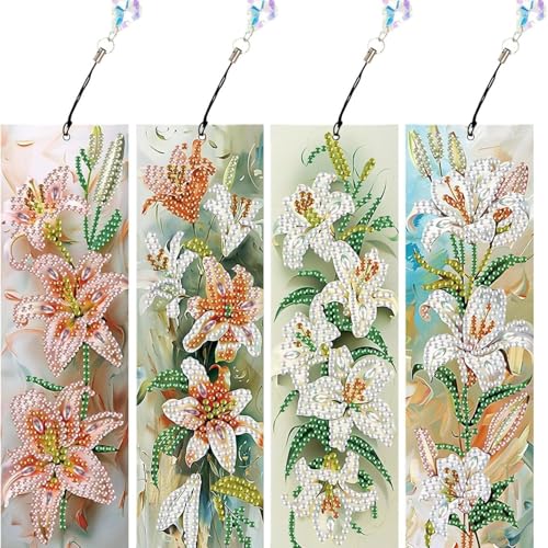 4 Stück Diamond Painting Lesezeichen Erwachsene Set mit Kristall-Anhänger, Bastelset für kindertagsgeschenke Mädchen (Lilie) von KELCIO