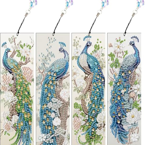 4 Stück Diamond Painting Lesezeichen Erwachsene Set mit Kristall-Anhänger, Bastelset für kindertagsgeschenke Mädchen (Pfau) von KELCIO