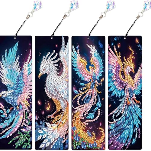 4 Stück Diamond Painting Lesezeichen Erwachsene Set mit Kristall-Anhänger, Bastelset für kindertagsgeschenke Mädchen (Phoenix) von KELCIO