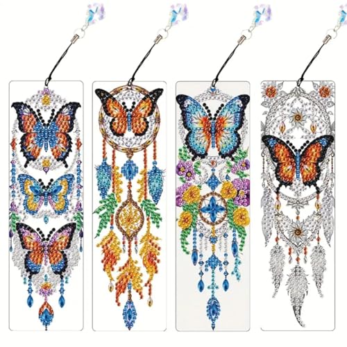4 Stück Diamond Painting Lesezeichen Erwachsene Set mit Kristall-Anhänger, Bastelset für kindertagsgeschenke Mädchen (Schmetterling-4) von KELCIO