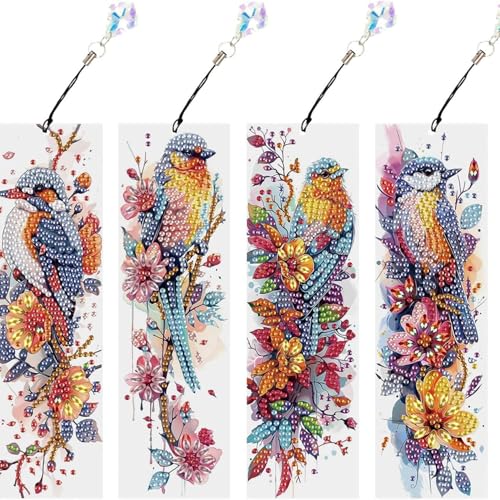 4 Stück Diamond Painting Lesezeichen Erwachsene Set mit Kristall-Anhänger, Bastelset für kindertagsgeschenke Mädchen (Vogel-4) von KELCIO