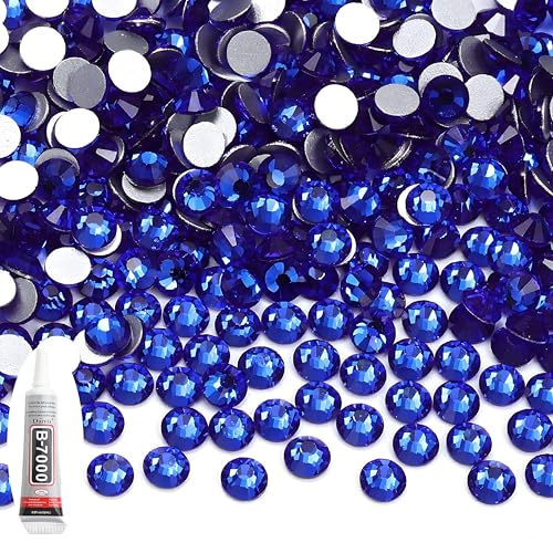 Glas Strasssteine mit Flacher Rückseite, 288 Stück, Runde Kristall Edelsteine mit B7000 Klebstoff, Glitzersteine für Textilien, NäGel, Schmuck (Blau 4.6-4.8mm) von KELCIO