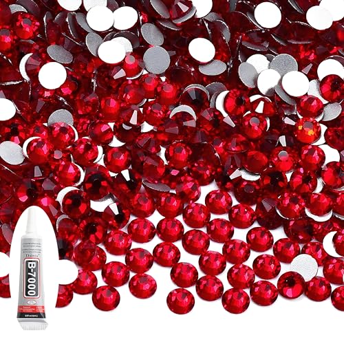 Glas Strasssteine mit Flacher Rückseite, 288 Stück, Runde Kristall Edelsteine mit B7000 Klebstoff, Glitzersteine für Textilien, NäGel, Schmuck (Rot 4.6-4.8mm) von KELCIO