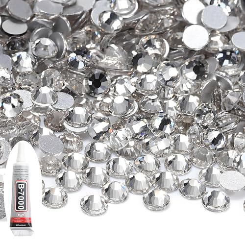 Glas Strasssteine mit Flacher Rückseite, 288 Stück, Runde Kristall Edelsteine mit B7000 Klebstoff, Glitzersteine für Textilien, NäGel, Schmuck (Weiß 4.6-4.8mm) von KELCIO