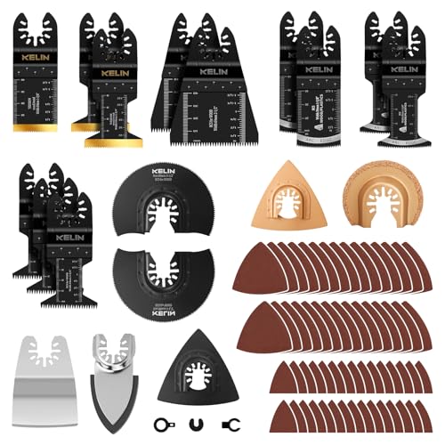 KELIN 82 tlg Multitool Sägeblätter, Multifunktionswerkzeug Zubehör, Multimaster Sägeblätter mit Titan-Beschichtung, Japanischer Zahnung, Bogenkante, Holz Metall Multitool Zubehör von KELIN