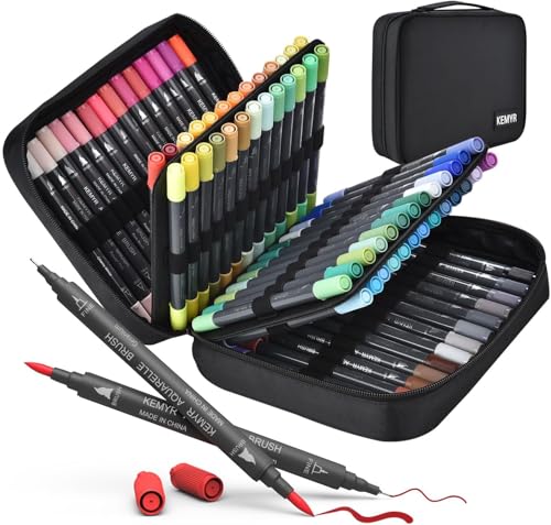 KEMYR Marker-Set für ErwachsenenMalbücher 80 Farben Dual-Tips (Fein & Pinselspitze)，wasserbasierte Kunstmarker für Kinder & Erwachsene Zeichnen, Skizzieren, Bullet Journal, Schreiben, ohne Durchbluten von KEMYR