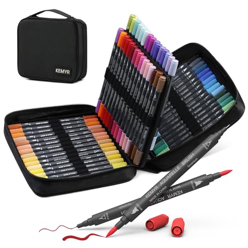 KEMYR Marker für Erwachsenen-Malbücher: 60 Farben-Set mit Dual-Tips (fein & Pinselspitze), wasserbasierte Marker für Kinder & Erwachsene zum Zeichnen, Skizzieren, Schreiben, ohne Durchbluten von KEMYR