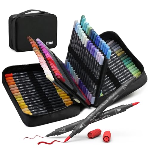 Marker Set für Erwachsenen-Malbücher 100 Farben, Dual-Tips (Fein & Pinselspitze), wasserbasierte Kunstmarker für Kinder & Erwachsene - Zeichnen, Skizzieren, Bullet Journal, Schreiben, ohne Durchbluten von KEMYR