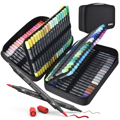 Marker Set für Erwachsenen-Malbücher 120 Farben, Dual-Tips (Fein & Pinselspitze), wasserbasierte Kunstmarker für Kinder & Erwachsene – Zeichnen, Skizzieren, Bullet Journal, Schreiben, ohne Durchbluten von KEMYR