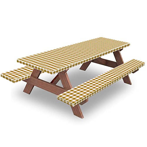 KENOBEE Picknicktisch und Bank, 183 x 76 cm, Flanell-Rückseite, elastischer Rand, wasserdicht, abwischbar, Kunststoff-Tischdecke für Haushaltswaren, drinnen und draußen, Terrasse, Kaffee-Weiß von KENOBEE