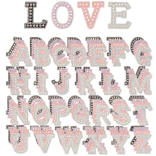 104 Stück Strass-Perlen, selbstklebende Buchstaben-Aufnäher A-Z, glitzernd, Alphabet-Applikation zum Aufnähen auf Kleidung, Taschen, Hüte, Bastelbedarf (4 Farben) von KEOGONG