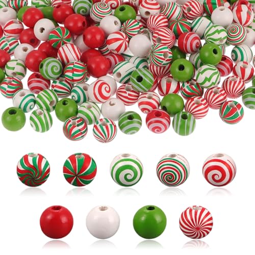 180 Stück Weihnachts-Holzperlen, rot-grüne, runde Holzperlen, Pfefferminz, Zuckerstangen, Basteln für DIY-Girlande, Schmuckherstellung, Party, Baum, zum Aufhängen zu Hause 180 Stück Weihnachts-Holzperlen, rot-grüne, runde Holzperlen, Pfefferminz, Zuckerstangen, Basteln für DIY-Girlande, Schmuckherstellung, Party, Baum, zum Aufhängen zu Hause von KEOGONG