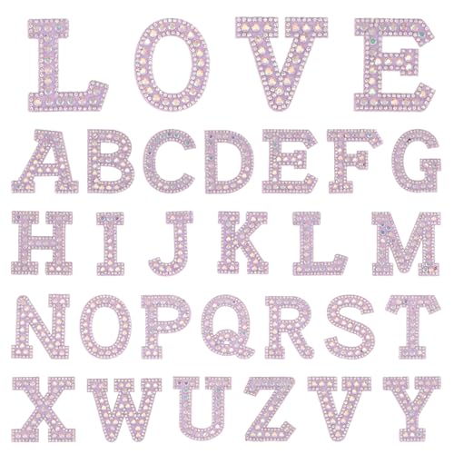 26 Stück Strass-Perlen, selbstklebende Buchstaben-Aufnäher A-Z, glitzernd, Alphabet-Applikation zum Aufnähen auf Kleidung, Taschen, Hüte, Bastelbedarf (lila) von KEOGONG