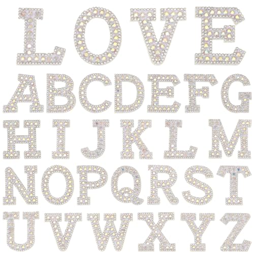 26 Stück Strass-Perlen, selbstklebende Buchstaben-Aufnäher A-Z, glitzernd, Alphabet-Applikation zum Aufnähen auf Kleidung, Taschen, Hüte, Bastelbedarf (weiß) von KEOGONG