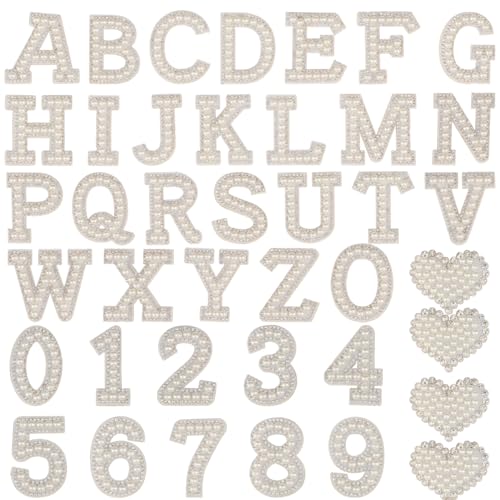 40 Stück Perlen Strass Buchstaben Zahlen Patches Selbstklebend Alphabet A-Z Glitzer Zahl 0-9 Herz Perlen Reparatur Patch Applikation Aufkleber für DIY Kleidung Taschen Handwerk Dekor (Weiß) von KEOGONG
