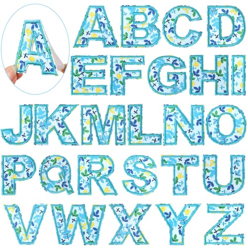 Buchstaben-Patches selbstklebend für Kinderkleidung: Blau, 26 Stück, Blumen-Buchstaben-Aufnäher, Aufkleber A-Z, Alphabet-Applikation – niedliche Stoff-Buchstaben, zum Aufkleben auf Jacken, Jeans, Hüte von KEOGONG