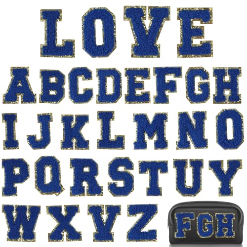 Chenille-Buchstaben zum Aufbügeln für Kleidung, 26 Stück A-Z, Chenille-Buchstaben-Aufnäher für Jacken, Rucksäcke, Hüte, Jeans, bestickte Applikation (dunkelblau) von KEOGONG