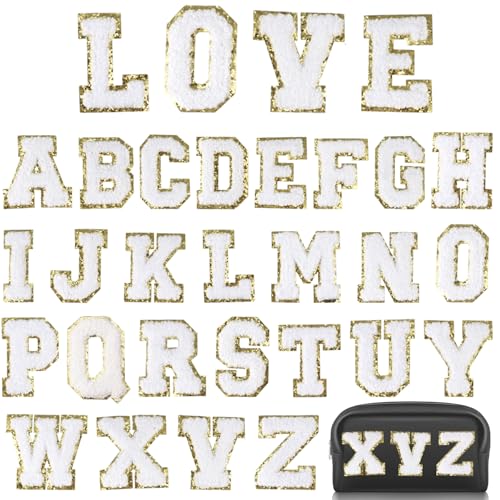 Chenille-Buchstaben zum Aufbügeln für Kleidung, 26 Stück A-Z, Chenille-Buchstaben-Aufnäher für Jacken, Rucksäcke, Hüte, Jeans, bestickte Applikation (weiß) von KEOGONG