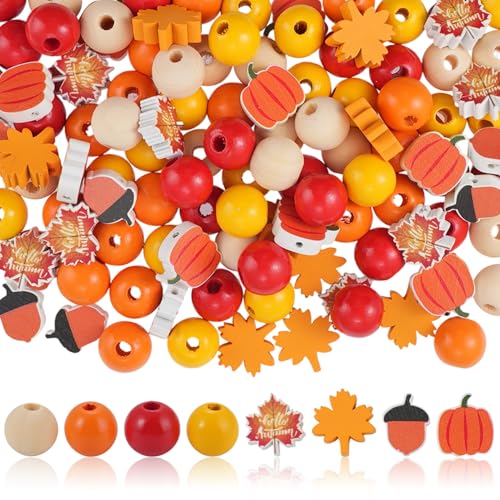 Holzperlen zum Basteln, Kürbis, Ahornblatt, Tannenzapfen, bunt, rund, lose Abstandshalter für Ernte, Halloween, Schmuckherstellung, Zuhause, Party, Dekoration, 180 Stück Holzperlen zum Basteln, Kürbis, Ahornblatt, Tannenzapfen, bunt, rund, lose Abstandshalter für Ernte, Halloween, Schmuckherstellung, Zuhause, Party, Dekoration, 180 Stück von KEOGONG