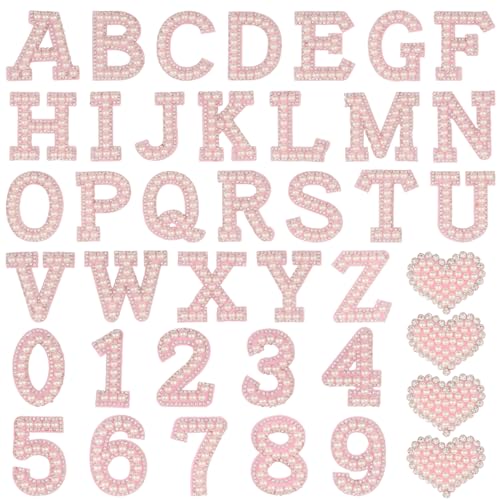 Perlen-Strass-Patches Alphabet A-Z, Glitzer-Zahl 0–9, Herzperlen, Reparatur-Flicken zum Aufnähen auf Applikationen für DIY, Kleidung, Taschen, Handwerk, Dekoration (Rosa), 40 Stück von KEOGONG