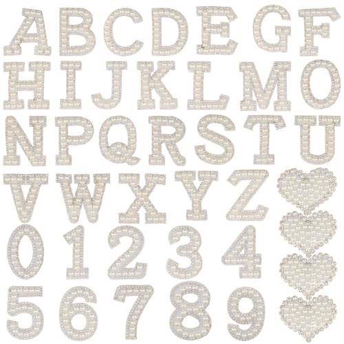 Perlen-Strass-Patches Alphabet A-Z, Glitzer-Zahl 0–9, Herzperlen, Reparatur-Flicken zum Aufnähen auf Applikationen für DIY, Kleidung, Taschen, Handwerk, Dekoration (weiß), 40 Stück von KEOGONG