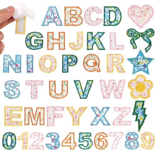 Selbstklebende Buchstaben-Patches für Kindertaschen: 41 Stück, mehrfarbige Blumen-Stoff-Buchstaben zum Aufkleben – niedliches Blumenherz, Stern, Beleuchtung, Schleifen, Aufkleber für Kleidung, Jacken Selbstklebende Buchstaben-Patches für Kindertaschen: 41 Stück, mehrfarbige Blumen-Stoff-Buchstaben zum Aufkleben – niedliches Blumenherz, Stern, Beleuchtung, Schleifen, Aufkleber für Kleidung, Jacken von KEOGONG