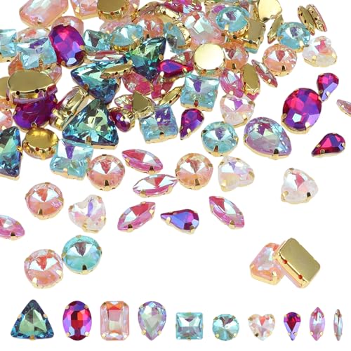 Strasssteine zum Aufnähen, gemischte Farben, gemischte Formen, Glas-Strasssteine, zum Aufnähen auf Kristall-Edelsteine, mental, flache Rückseite mit Goldklaue, für Bastelarbeiten, Kleidung, DIY Strasssteine zum Aufnähen, gemischte Farben, gemischte Formen, Glas-Strasssteine, zum Aufnähen auf Kristall-Edelsteine, mental, flache Rückseite mit Goldklaue, für Bastelarbeiten, Kleidung, DIY von KEOGONG