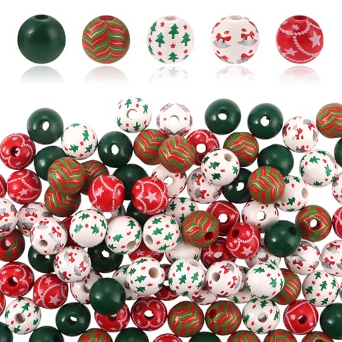 Weihnachts-Holzperlen zum Basteln, rot-grün, rund, 5 Stile, Weihnachtsbaumglocke, Pfefferminzwirbel für Weihnachten, DIY-Girlande, Schmuckherstellung, Heimdekoration, 200 Stück Weihnachts-Holzperlen zum Basteln, rot-grün, rund, 5 Stile, Weihnachtsbaumglocke, Pfefferminzwirbel für Weihnachten, DIY-Girlande, Schmuckherstellung, Heimdekoration, 200 Stück von KEOGONG