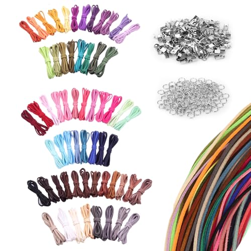60 Lederband für Ketten, 60 Farben Lederschnur, Inklusive 100 C-Ringen und 100 Kornklammern, Geeignet für DIY-Kreationen, Geschenkverpackungen Usw (Insgesamt 60 Meter) von KEORHEZ