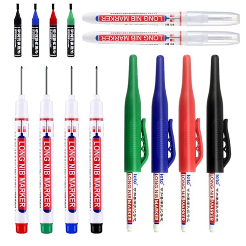Permanentmarker 10 Stück Tieflochmarker Bleistift, 45 mm 20 mm Tiefenlochmarker Spitze Bohrlochmarker mit Nachfüllbare Tinte, Markierungsstift für Holz Karton Wand Baustelle(Schwarz Blau Rot Weiß Grün von KEORHEZ