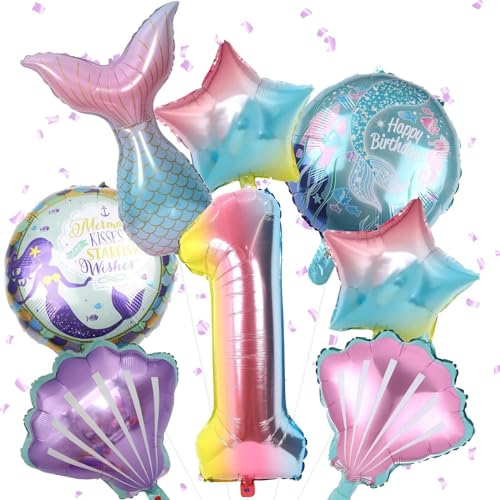 1 Geburtstag Mädchen, 8Pcs Meerjungfrau Party Luftballons-Folie Nummer 1 Ballon, Meerjungfrau Schwanz Ballons, Muschel Ballons, Geburtstag Ballons für Kindergeburtstag Meerjungfrau Party Supplies von KEPMOV