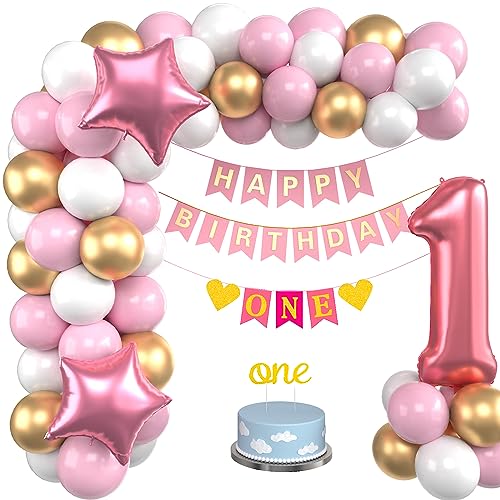 1. Geburtstag Mädchen, Erster Geburtstag Mädchen 1. Geburtstag Dekorationen für Mädchen, Rosa Ballonbogen Kit mit Happy Birthday Banner Folienballon Zahl 1 Rosa Luftballon für Mädchen Geburtstag von KEPMOV