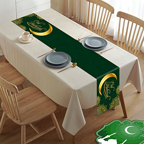 Eid Mubarak Tischläufer, Ramadan Mubarak Tischdekoration Grün Gold Ramadan Mond Tischdecke Dekoration für Zuhause Esstisch Islamisches Happy Ramadan Mubarak Festival Party Feiern, 180 x 35 cm von KEPMOV