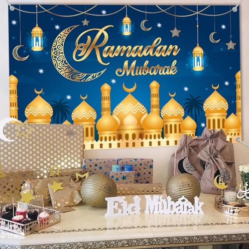 KEPMOV Ramadan Mubarak Banner, Ramadan Dekorationen für Zuhause, Extra große Stoff Blau Gold Eid Mubarak Hintergrund mit Mond Laterne Burgen Photo für Islamische Muslim Al-Fitr Party von KEPMOV