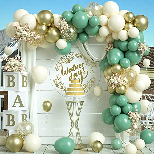 Luftballons Girlande, 102 Stück Retro Bohnen Grün Weiß Metallic Gold Ballon Arch Kit mit Gold Tupfen Transparente Latexballons für Mädchen Frau Babyparty, Hochzeit, Geburtstag Party Dekoration von KEPMOV