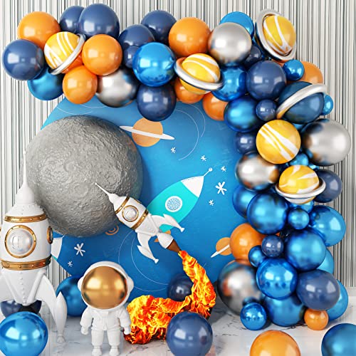 Ballon Girlande Blau, Luftballons Blau Orange Gelb mit Metallic Blau Silber Ballons, Navy Blau Orange Latex Luftballon Girlande für Weltraum Planeten Jungen Party Geburtstag Baby Shower Dekoration von KEPMOV