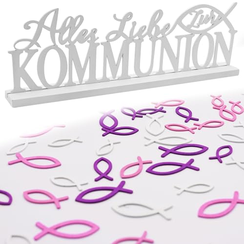 Kommunion Deko 1 Schriftzug Tischdeko Kommunion 45 Stück Streudeko Fische Holz Erstkommunion Deko für Mädchen und Jungen Geschenkidee von KERANEET