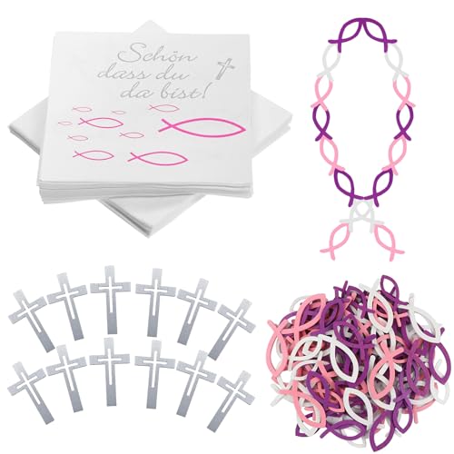 128 Stück Servietten Fisch Rosa Schön dass du da bist! Taufdeko Mädchen Kommunion Taufe Tischdeko Servietten Taufdeko Tisch Deko für Taufe Kommunion Konfirmation oder Andere festliche Anlässe von KERANEET