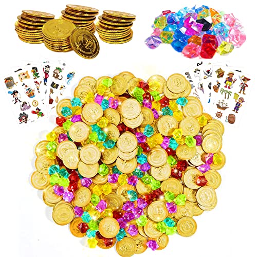 KERANEET 160 Stück Goldmünzen Edelsteine Kinder Piratenschatz Kindergeburtstag Schatzsuche Kindergeburtstag 100 Edelsteine für Kinder und 50 Goldmünzen Piraten von KERANEET
