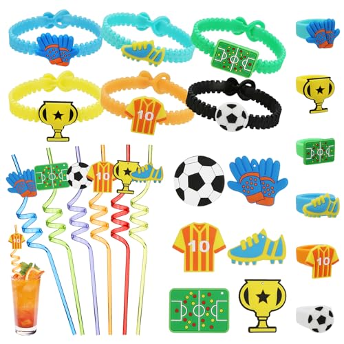 KERANEET Fußball Party Mitgebsel Kinder Fußball Silikonarmband Brosche Fußball-Trinkhalmen Fussball Deko Geburtstag Kinde Fußball Ringe für Fußball Geschenke Mädchen Jungen (A) von KERANEET