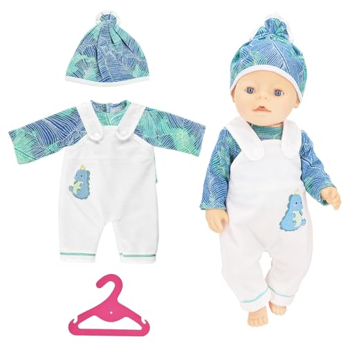 KERANEET Puppenkleidung Kleidung Outfits für Baby Puppen Puppe Zubehör für Baby Puppen 35-43 cm Puppenkleider mit Hut Langarm Hose New Born Geschenk für Kinder Jungen -Dinosaurier von KERANEET