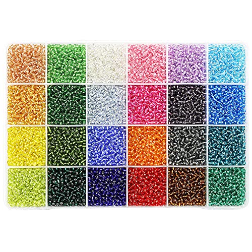 3mm silber ausgekleidete Glas Seed Beads – ca. 6.800 Stück in Aufbewahrungsbox, 8/0 kleine Craft Seed Beads für Schmuckherstellung (280 Stück pro Farbe, 24 Farben) von KERGAEN