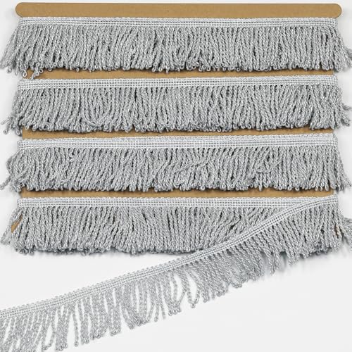Fransenbordüre, 9,5 m lang, 5 cm breit, Stoffborten zum Nähen, Basteln, Dekoration (Silber) von KERGAEN