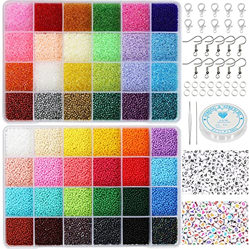 Total 48000pcs Größe 2mm Seed Perlen für die Schmuckherstellung, 12/0 Tiny Craft Beading Kit Set, 260pcs Letter Alphabet Perlen mit elastischen Schnur, Ohrring Haken und Claw Clasps Total 48000pcs Größe 2mm Seed Perlen für die Schmuckherstellung, 12/0 Tiny Craft Beading Kit Set, 260pcs Letter Alphabet Perlen mit elastischen Schnur, Ohrring Haken und Claw Clasps von KERGAEN